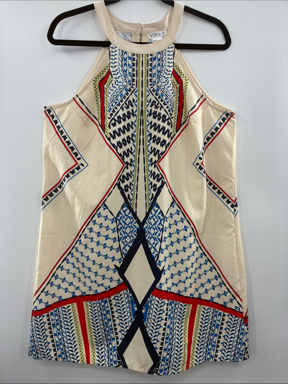VENUS Cream Halter Mini Dress with Blue and Red Geometric Print